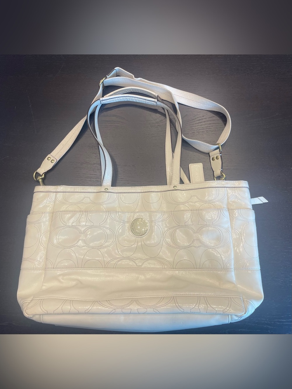 Coach Signature Patent Leather Multifunction Tote / Baby Bag in Cream Colour